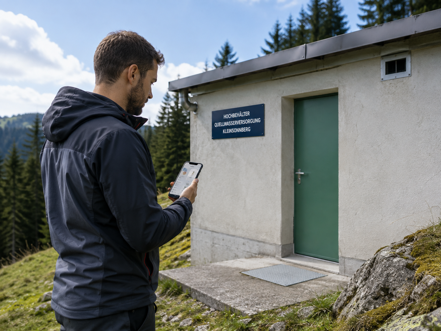 Obmann erfasst am Hochbehälter eine Ablesung am Telefon