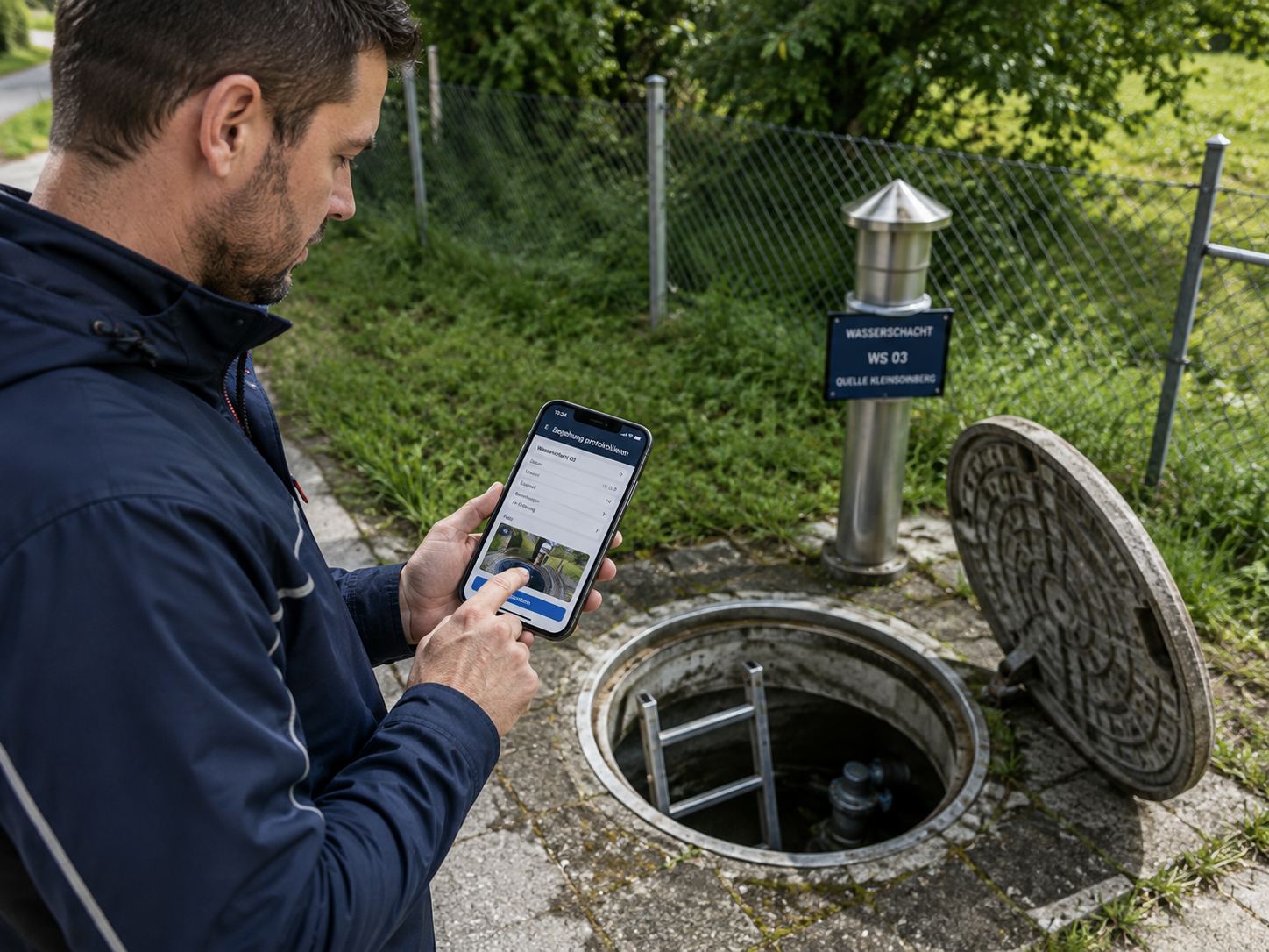 Begehung am offenen Wasserschacht WS 03, protokolliert am Telefon